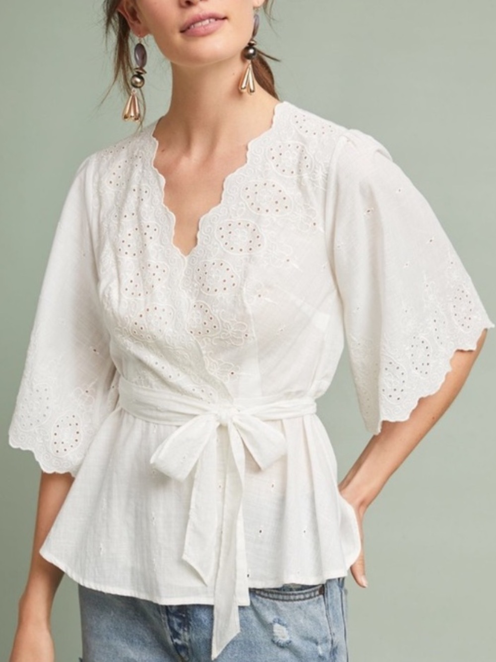 Anthropologie Meadow Rue Loire Wrap Blouse - Eyelet Scalloped Top Size Medium